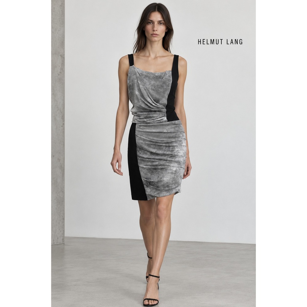 Helmut Lang Draped Asymmetric Dress Size 2 Black Grey Ruched Silk Bodycon Mini